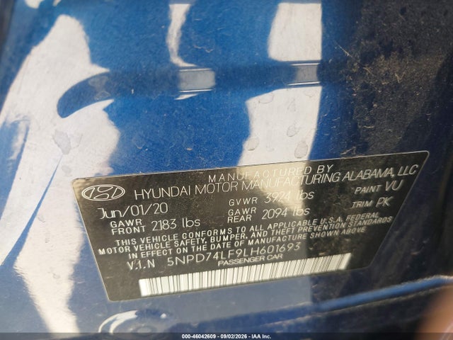 Aukcja sprzedaży 2020 Hyundai Elantra Se, vin: 5NPD74LF9LH601693, numer aukcji: 46042609