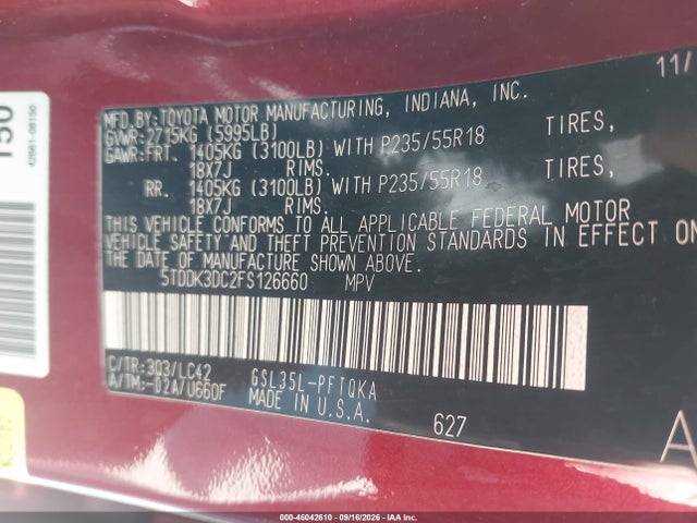 46042610 :رقم المزاد ، 5TDDK3DC2FS126660 vin ، 2015 Toyota Sienna Xle 7 Passenger مزاد بيع