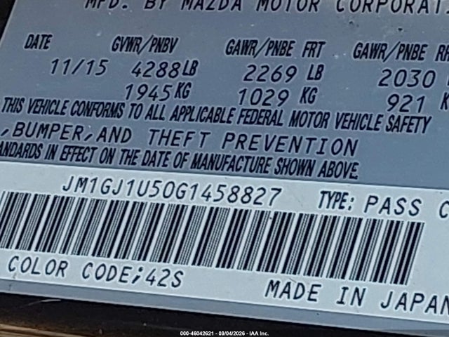46042621 :رقم المزاد ، JM1GJ1U50G1458827 vin ، 2016 Mazda Mazda6 I Sport مزاد بيع