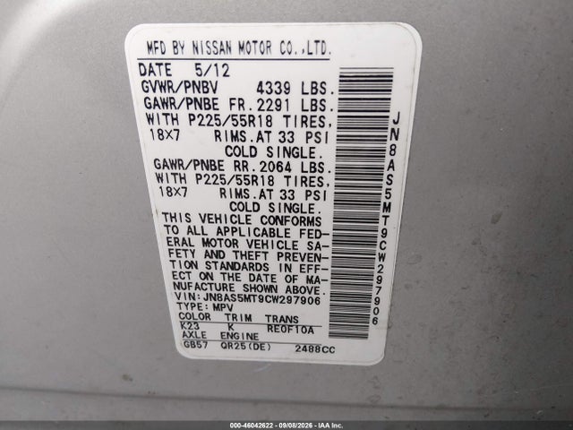 Aukcja sprzedaży 2012 Nissan Rogue Sv W/sl Pkg, vin: JN8AS5MT9CW297906, numer aukcji: 46042622