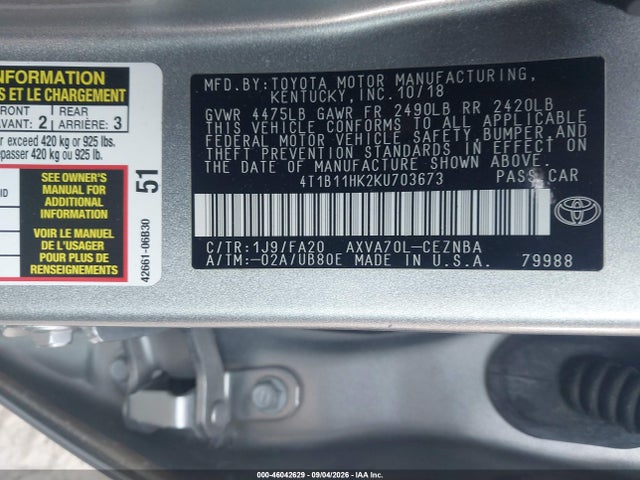 46042629 :رقم المزاد ، 4T1B11HK2KU703673 vin ، 2019 Toyota Camry Le مزاد بيع