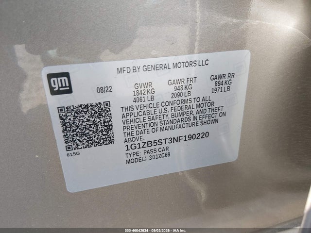 Aukcja sprzedaży 2022 Chevrolet Malibu Fwd Ls, vin: 1G1ZB5ST3NF190220, numer aukcji: 46042634