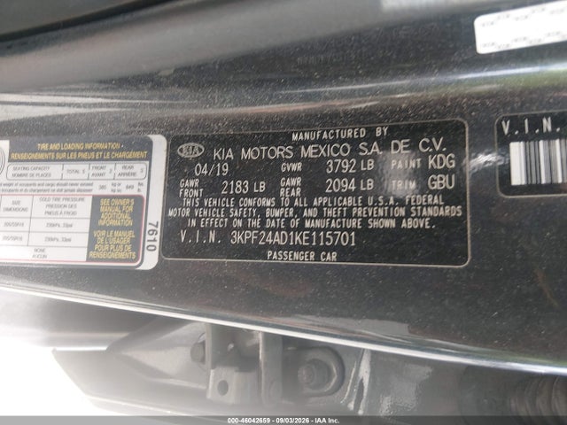 Продажа на аукционе авто 2019 Kia Forte Lxs, vin: 3KPF24AD1KE115701, номер лота: 46042659
