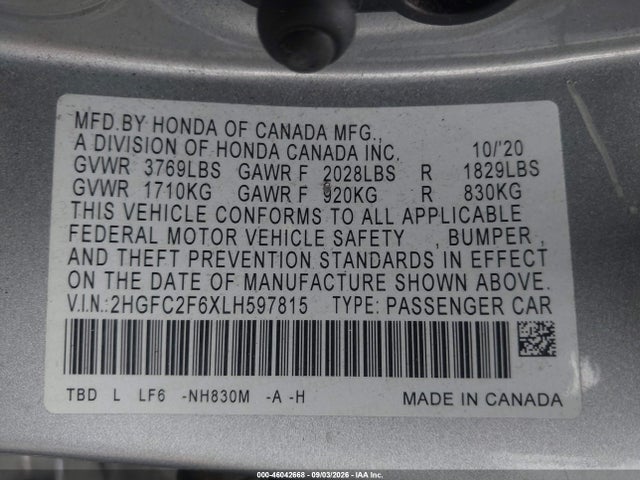 Продаж на аукціоні авто 2020 Honda Civic Lx, vin: 2HGFC2F6XLH597815, номер лоту: 46042668