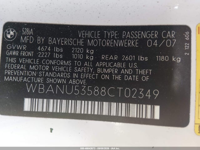 Продаж на аукціоні авто 2008 Bmw 528i, vin: WBANU53588CT02349, номер лоту: 46042673