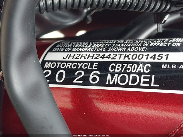 Aukcja sprzedaży 2026 Honda Cb750, vin: JH2RH2442TK001451, numer aukcji: 46042682