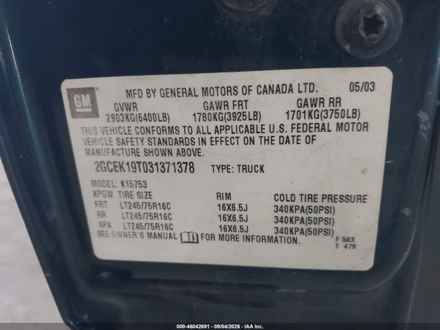 Продажа на аукционе авто 2003 Chevrolet Silverado 1500, vin: 2GCEK19T031371378, номер лота: 46042691