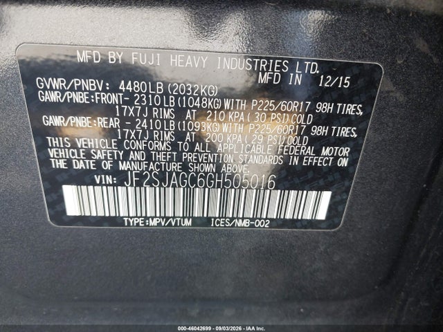 Продаж на аукціоні авто 2016 Subaru Forester 2.5i Premium, vin: JF2SJAGC6GH505016, номер лоту: 46042699