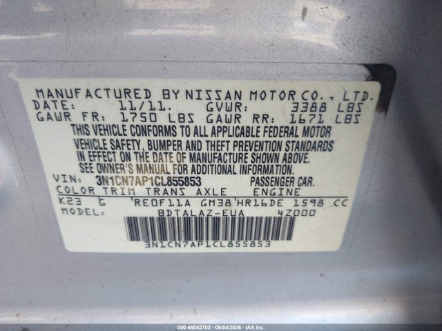 Auction sale of the 2012 Nissan Versa 1.6 S, vin: 3N1CN7AP1CL855853, lot number: 46042703