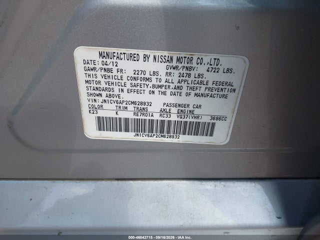 46042715 :رقم المزاد ، JN1CV6AP2CM628932 vin ، 2012 Infiniti G37 Journey مزاد بيع
