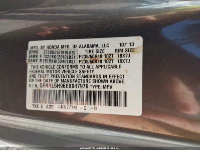 Auction sale of the 2014 Honda Odyssey Touring/touring Elite, vin: 5FNRL5H96EB047976, lot number: 46042720