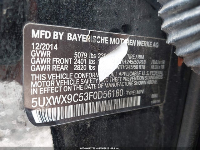 Aukcja sprzedaży 2015 Bmw X3 Xdrive28i, vin: 5UXWX9C53F0D56180, numer aukcji: 46042726