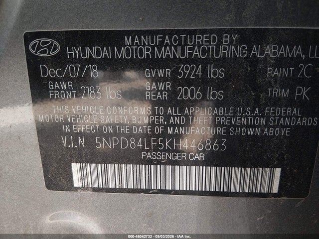 Продажа на аукционе авто 2019 Hyundai Elantra Sel, vin: 5NPD84LF5KH446863, номер лота: 46042732