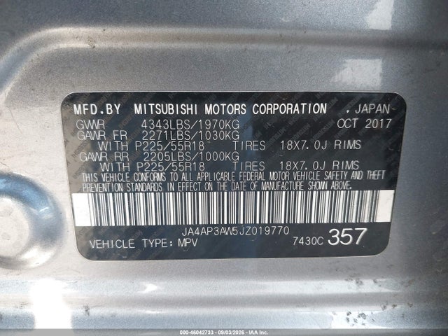2018 Mitsubishi Outlander Sport 2.4 Se მანქანა იყიდება აუქციონზე, vin: JA4AP3AW5JZ019770, აუქციონის ნომერი: 46042733