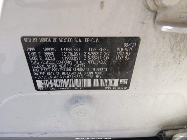 46042746 :رقم المزاد ، 3CZRU6H31NM714263 vin ، 2022 Honda Hr-v Awd Lx مزاد بيع