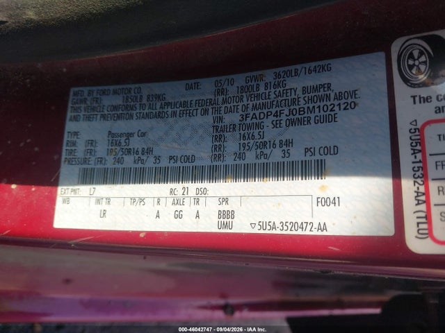 2011 Ford Fiesta Ses მანქანა იყიდება აუქციონზე, vin: 3FADP4FJ0BM102120, აუქციონის ნომერი: 46042747