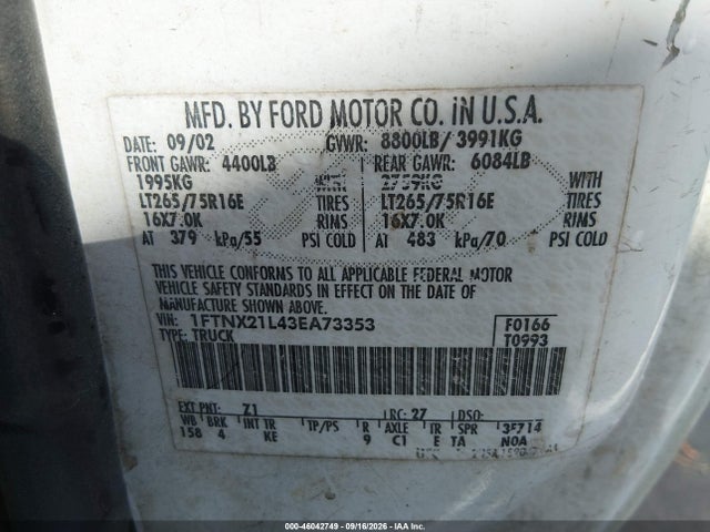 2003 Ford F-250 Lariat/xl/xlt მანქანა იყიდება აუქციონზე, vin: 1FTNX21L43EA73353, აუქციონის ნომერი: 46042749