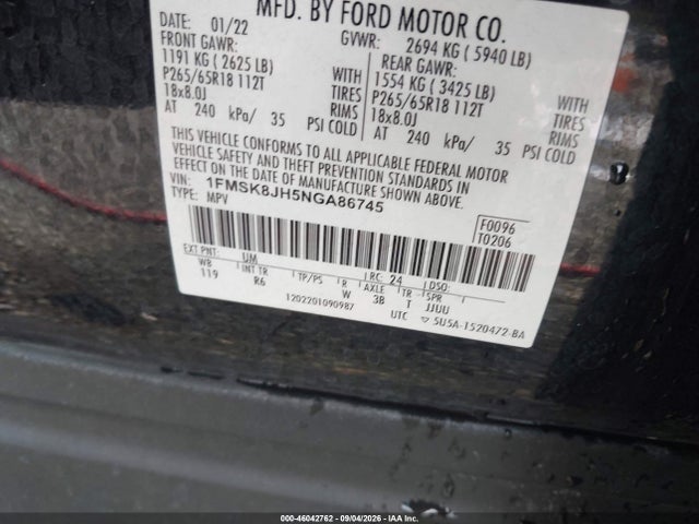 46042762 :رقم المزاد ، 1FMSK8JH5NGA86745 vin ، 2022 Ford Explorer Timberline مزاد بيع