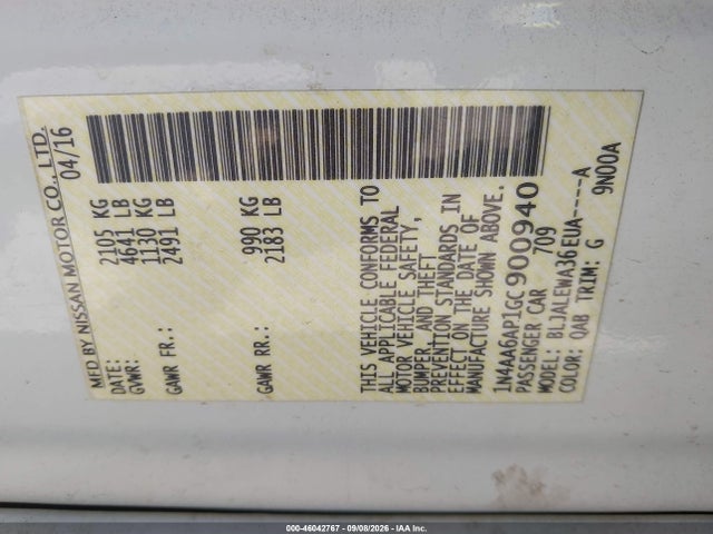 Aukcja sprzedaży 2016 Nissan Maxima 3.5 Sl, vin: 1N4AA6AP1GC900940, numer aukcji: 46042767