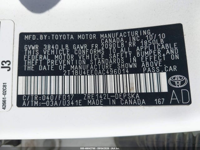 46042768 :رقم المزاد ، 2T1BU4EE0AC496014 vin ، 2010 Toyota Corolla S مزاد بيع