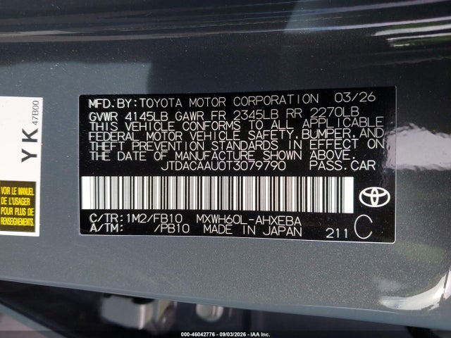 Продажа на аукционе авто 2026 Toyota Prius Le, vin: JTDACAAU0T3079790, номер лота: 46042776