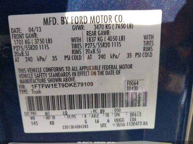 2013 Ford F-150 King Ranch მანქანა იყიდება აუქციონზე, vin: 1FTFW1ET9DKE79109, აუქციონის ნომერი: 46042779