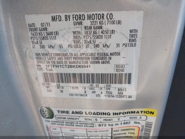 Продаж на аукціоні авто 2011 Ford F-150 Fx2, vin: 1FTFW1CT2BKD69941, номер лоту: 46042783