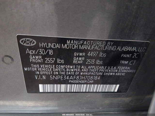 Aukcja sprzedaży 2018 Hyundai Sonata Sport+, vin: 5NPE34AF8JH708184, numer aukcji: 46042805