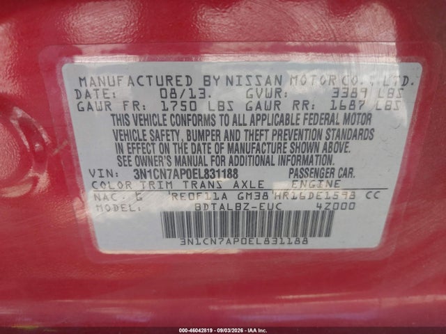 Nissan Versa 1.6 Sv 2014 3N1CN7AP0EL831188 Image 9