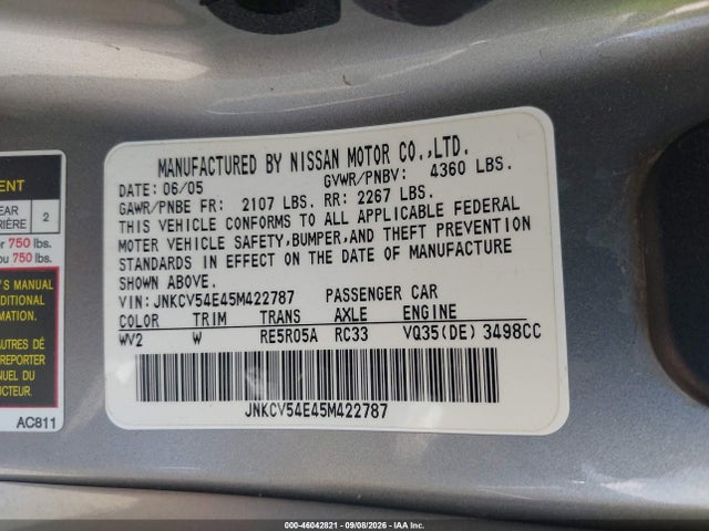 2005 Infiniti G35 მანქანა იყიდება აუქციონზე, vin: JNKCV54E45M422787, აუქციონის ნომერი: 46042821