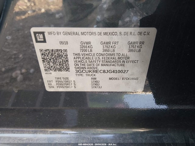 46042826 :رقم المزاد ، 3GCUKREC8JG410027 vin ، 2018 Chevrolet Silverado 1500 1lt مزاد بيع