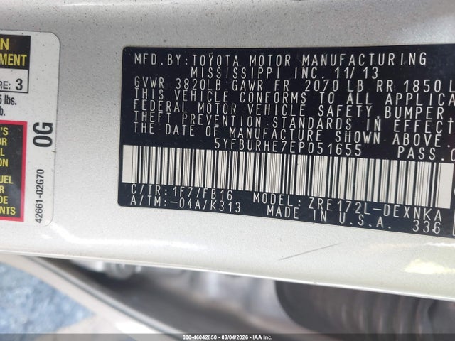2014 Toyota Corolla Le Plus მანქანა იყიდება აუქციონზე, vin: 5YFBURHE7EP051655, აუქციონის ნომერი: 46042850