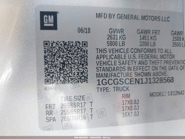 2018 Chevrolet Colorado Lt მანქანა იყიდება აუქციონზე, vin: 1GCGSCEN1J1328568, აუქციონის ნომერი: 46042853