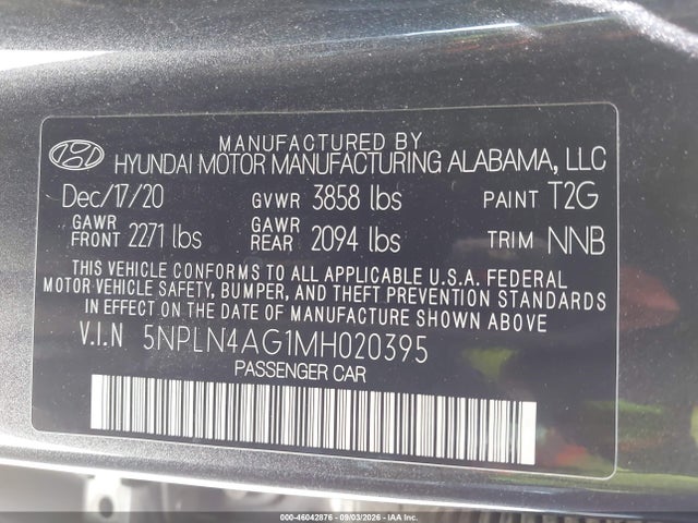 46042876 :رقم المزاد ، 5NPLN4AG1MH020395 vin ، 2021 Hyundai Elantra Sel مزاد بيع
