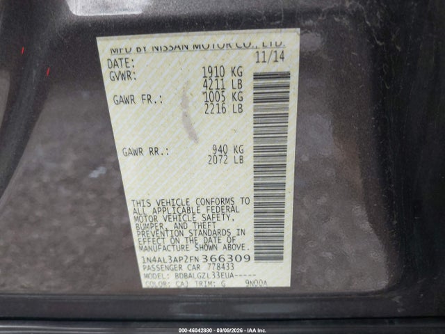 Продаж на аукціоні авто 2015 Nissan Altima 2.5 S, vin: 1N4AL3AP2FN366309, номер лоту: 46042880