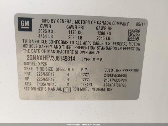 46042881 :رقم المزاد ، 2GNAXHEV3J6149814 vin ، 2018 Chevrolet Equinox Ls مزاد بيع
