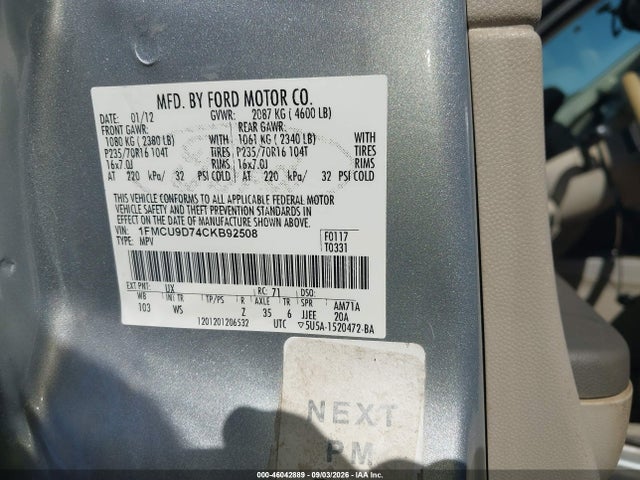 Продажа на аукционе авто 2012 Ford Escape Xlt, vin: 1FMCU9D74CKB92508, номер лота: 46042889