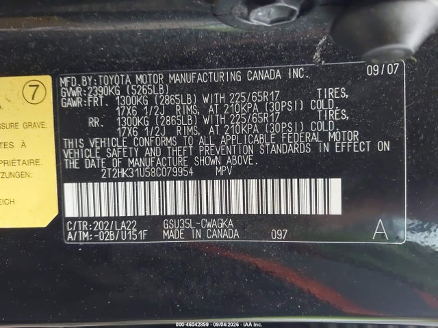 46042899 :رقم المزاد ، 2T2HK31U58C079954 vin ، 2008 Lexus Rx 350 مزاد بيع