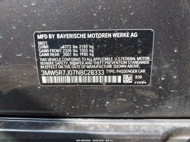 Продажа на аукционе авто 2022 Bmw 330i Xdrive, vin: 3MW5R7J07N8C28333, номер лота: 46042906