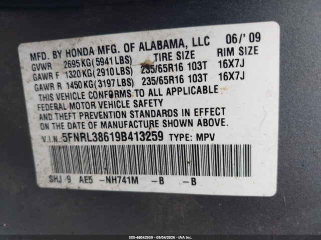 46042909 :رقم المزاد ، 5FNRL38619B413259 vin ، 2009 Honda Odyssey Ex-l مزاد بيع