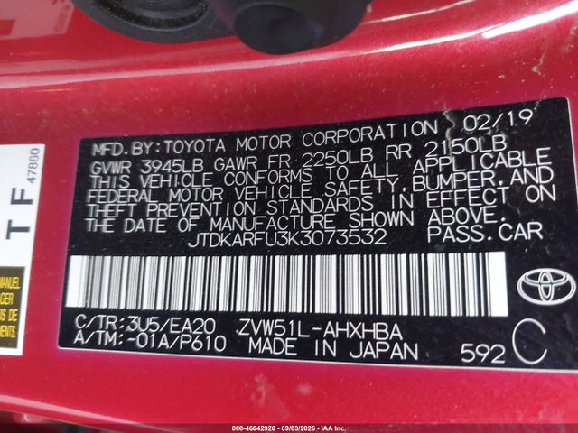 Aukcja sprzedaży 2019 Toyota Prius Xle, vin: JTDKARFU3K3073532, numer aukcji: 46042920