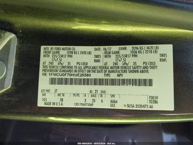 Aukcja sprzedaży 2017 Ford Escape S, vin: 1FMCU0F70HUE25580, numer aukcji: 46042934