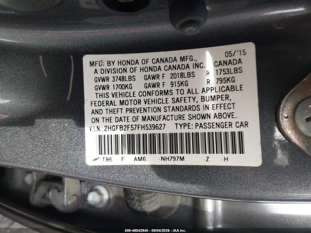 Aukcja sprzedaży 2015 Honda Civic Lx, vin: 2HGFB2F57FH539627, numer aukcji: 46042940