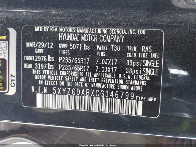 2012 Hyundai Santa Fe Gls მანქანა იყიდება აუქციონზე, vin: 5XYZGDABXCG146799, აუქციონის ნომერი: 46042946