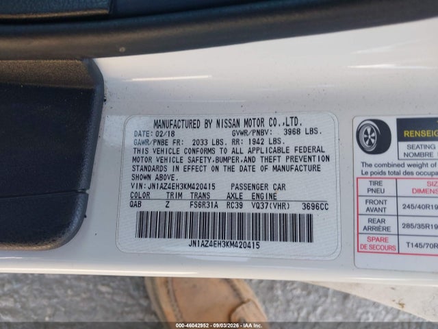 Продаж на аукціоні авто 2019 Nissan 370z Nismo, vin: JN1AZ4EH3KM420415, номер лоту: 46042952