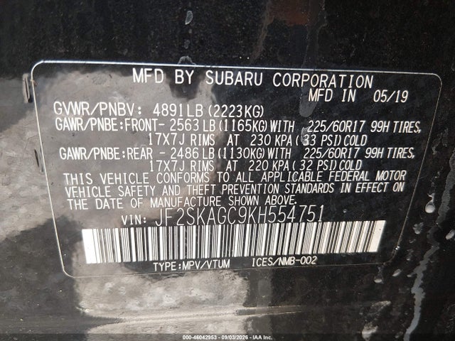 46042953 :رقم المزاد ، JF2SKAGC9KH554751 vin ، 2019 Subaru Forester Premium مزاد بيع