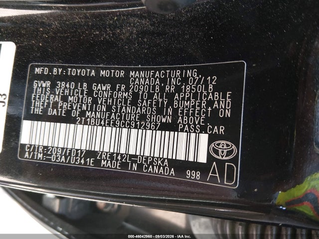 2012 Toyota Corolla S მანქანა იყიდება აუქციონზე, vin: 2T1BU4EE9CC912967, აუქციონის ნომერი: 46042960