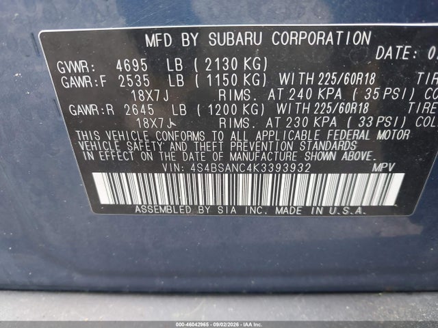 2019 Subaru Outback 2.5i Limited მანქანა იყიდება აუქციონზე, vin: 4S4BSANC4K3393932, აუქციონის ნომერი: 46042965
