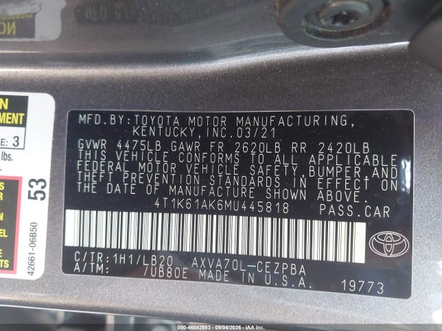 Продаж на аукціоні авто 2021 Toyota Camry Xse, vin: 4T1K61AK6MU445818, номер лоту: 46042983