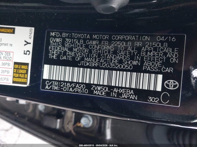 Toyota Prius Two 2016 JTDKBRFU2G3520050 Image 9